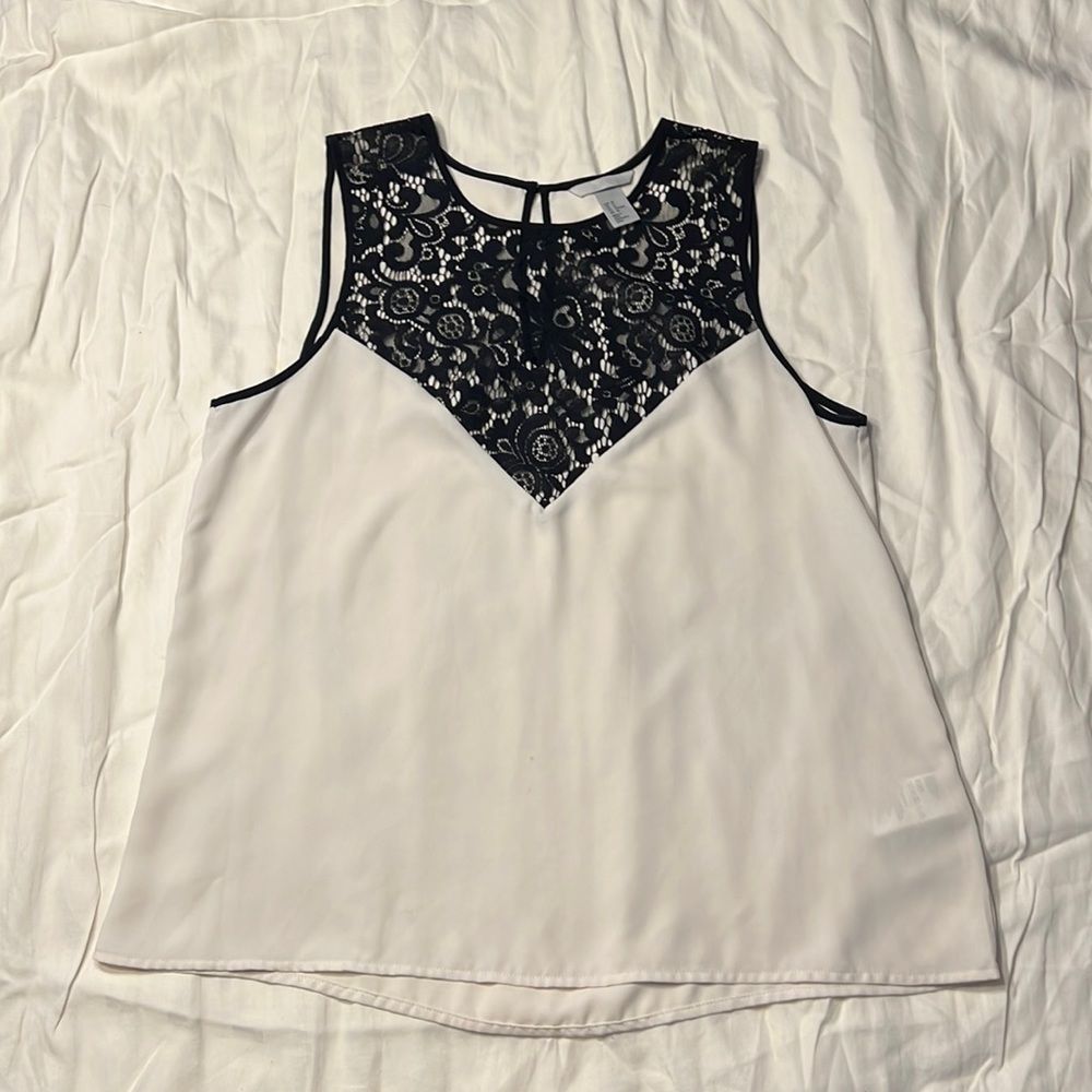 White Sleeveless Blouse with Black Lace Detailing